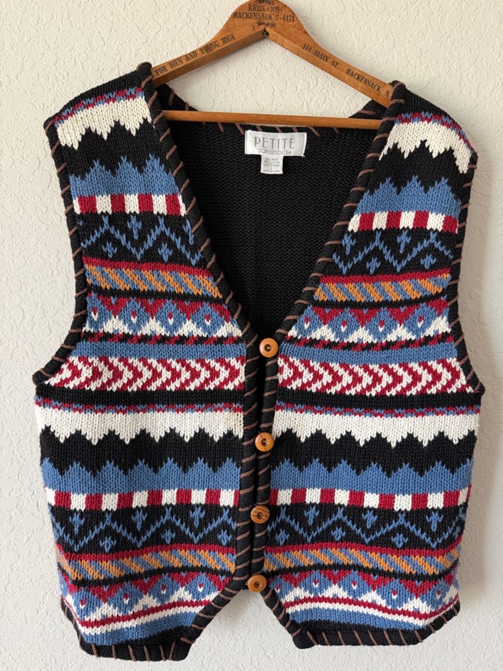 Petite Sophisticate Black, Blue, White Patterned Knit Vest